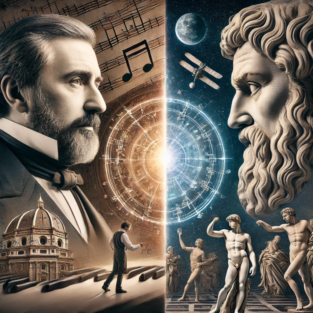 DALL·E 2025-03-06 21.02.26 – A split-screen composition featuring Giuseppe Verdi and Michelangelo Buonarroti, symbolizing their shared birthday (March 6th). On the left side, Verd A Mysterious Coincidence: Giuseppe Verdi & Michelangelo Buonarroti – Two Masters Born on March 6th